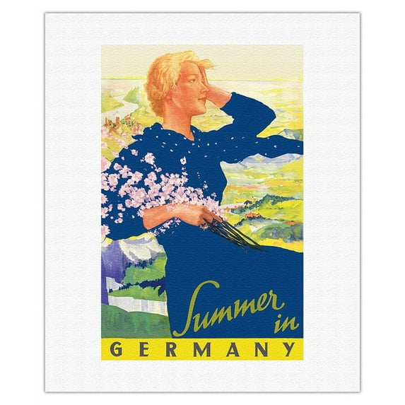 Summer in Germany - Woman with Wildflowers Bouquet - Vintage Railroad Travel Poster by Ludwig Lutz Ehrenberger 1937 - Fine Art Rolled Canvas Print 16in x 20in