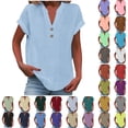 thumbnail image 1 of Summer Gift Sawvnm Women's Fashion Solid Button Shirt Female V-Neck Loose T-shirt Blouse Blue 4XL, 1 of 7