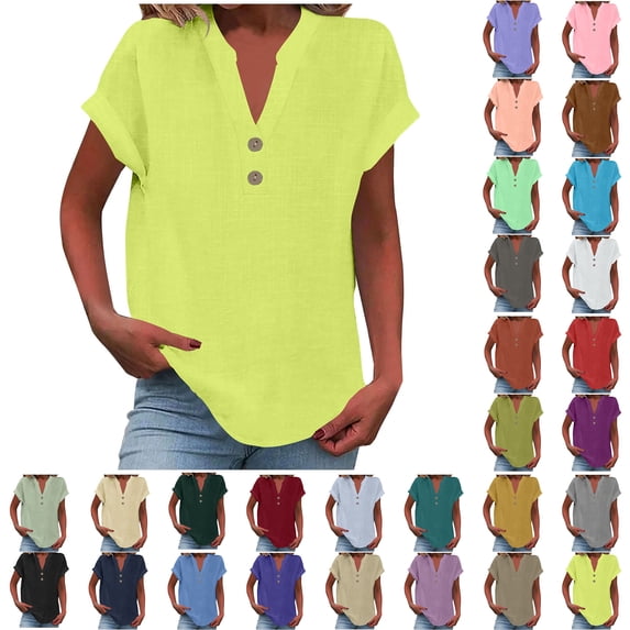 Summer Gift Sawvnm Women's Fashion Solid Button Shirt Female V-Neck Loose T-shirt Blouse Green L