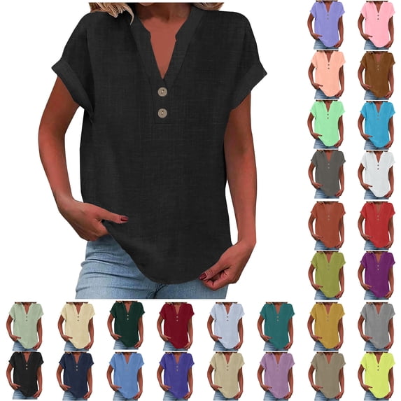 Summer Gift Sawvnm Women's Fashion Solid Button Shirt Female V-Neck Loose T-shirt Blouse Black 4XL
