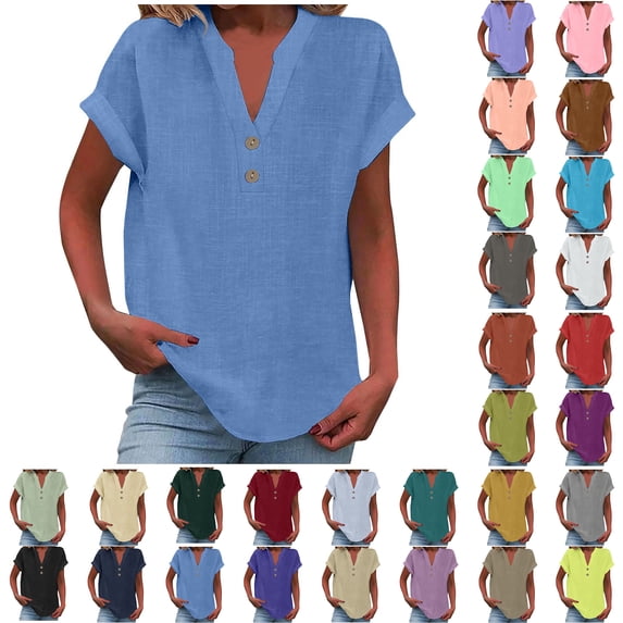 Summer Gift Sawvnm Women's Fashion Solid Button Shirt Female V-Neck Loose T-shirt Blouse Blue 4XL