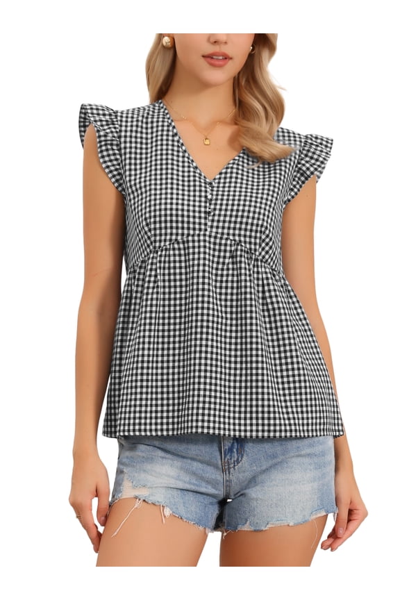 Summer Gingham Top for Women's Sleeveless V Neck Peplum Casual Plaid Shirt Tops L Black