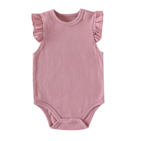 Summer Girls Baby Bodysuit Ruffle Short Sleeve Bodysuit Knitted Solid Casual Plain Blouse Top Pink Newborn To Infant Sizes 18-24M