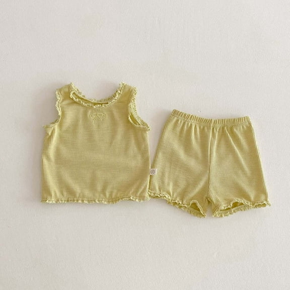 Summer Girls' and Boys' Baby Pure Color Round Neck Lace Trimmed Sleeveless Top and Shorts Set Girls Outfit Size 14 Has Arrived Baby Girl Jacket Mini Matching Set Girl Receiving Blanket Stuff
