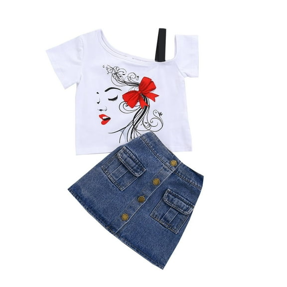 Summer Girls Clothing Strapless Beauty Head Short Sleeved T Shirt Denim Skirt A Line Skirt Girl Two Piece Set