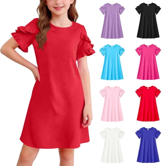 Summer Girls Dress Ruffled Short Sleeve A Line Dresses Red Girls Dress Girls Casual Dresses, Szie 5-15 Years