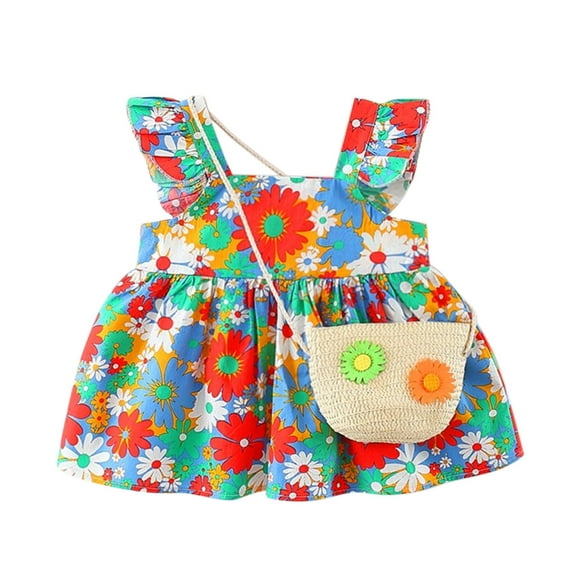 Summer Girls Floral Dress Baby Girls 6M-3Y Fly Sleeve Ruffles Floral Printed Princess Dress Bag Set Baby Cute Clothing