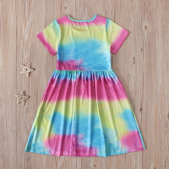 Summer Girls Short-sleeved Color Tie-dye Pattern Round Neck Dress Summer Beach Dress For Girl Casual Summer Dresses For Girl 2024
