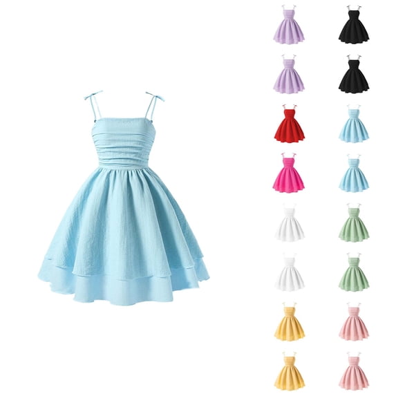 Summer Girls Solid Color Dress With Bow Knot Sweet Sleeveless For Kids
