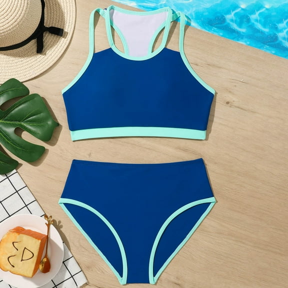 Summer Girls' Solid Colour Holiday Casual Comfortable Separate Swimwear Two Piece Set Blue 8 Y-9 Y