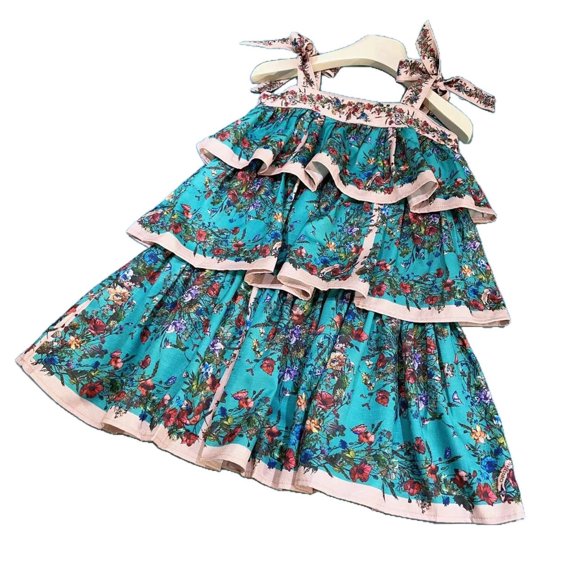 Summer Girls' Suspender Beach Cake Skirt High End Children Clothing Sleeveless Water Print Children's Casual Dress