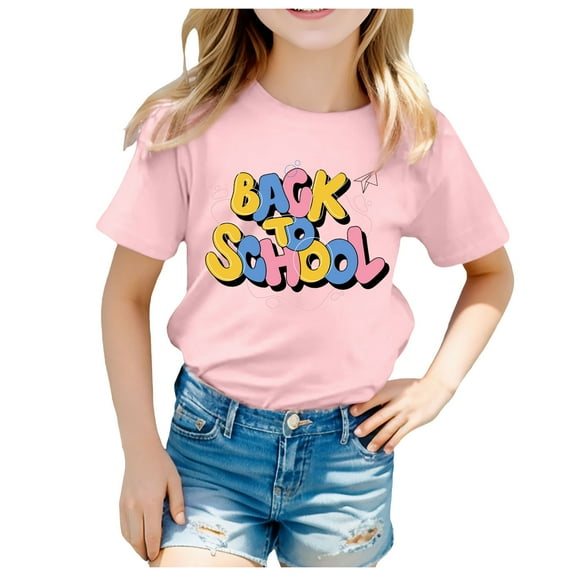 Summer Girls T Shirts School Breathable Casual Loose Fit Cartoon Print Short Sleeve Crew Neck T Shirt Light Pink Athletic Performance Clothing 10-11 T