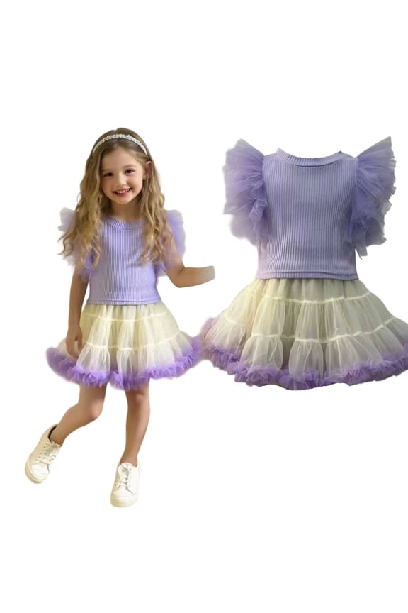 Summer Girls' Tulle Tutu Skirt Set With Flutter Sleeve Short Sleeve Top Princess Dress Purple 4 Y-5 Y
