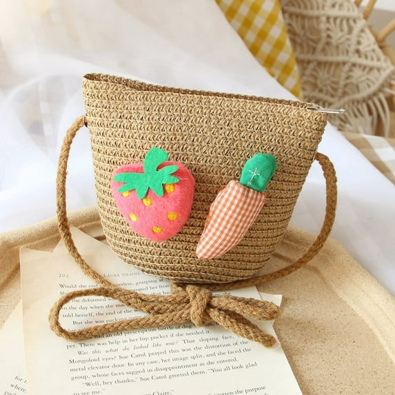 Summer Girls Wide Brim Sun Hat or Straw Diagonal Bag,with Carrot and Strawberry Garnish