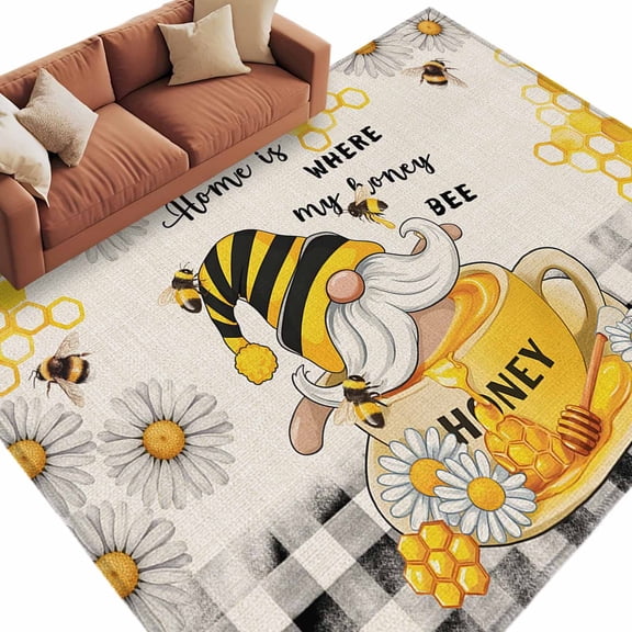 Summer Gnome Area Rug 5x8ft Bee Daisy Honeycomb Honey Non-Slip Washable Square Rugs Soft Felt Indoor Floor Mat for Bedroom Kitchen Living Room Bathroom