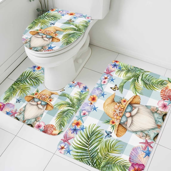 Summer Gnome Bathroom Rugs Set Starfish Shell Butterfly Non Slip Absorbent Soft Bath Mats 3 Piece Set with Bathroom Rug, U-Shaped Floor Mat, Toilet Seat Cover Large Size