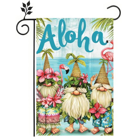 Summer Gnome Garden Flag Aloha Tropical Tiki Beach Sea 12x18 Inch Double Sided Small Hawaiian Luau Holiday Yard Flag Outdoor Outside Hawaii Sunset Nautical Seasonal Decor
