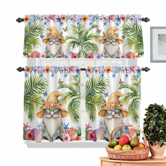 Summer Gnome Kitchen Curtains Valances 3 Piece Set, Starfish Shell Butterfly Rod Pocket Tier Curtain and Valance Drapes for Small Window 24 Inch Length for Bedroom Cafe