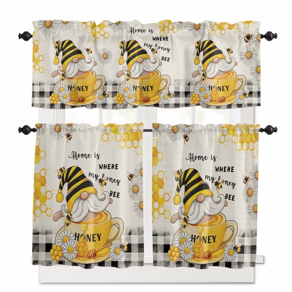 Summer Gnome Kitchen Curtains Valances and Tiers Set of 3, Linen Plaid 24 Inch Length Tier Curtains and Valance Rod Pocket Valance Curtains Set for Kitchen Bathroom Small Windows