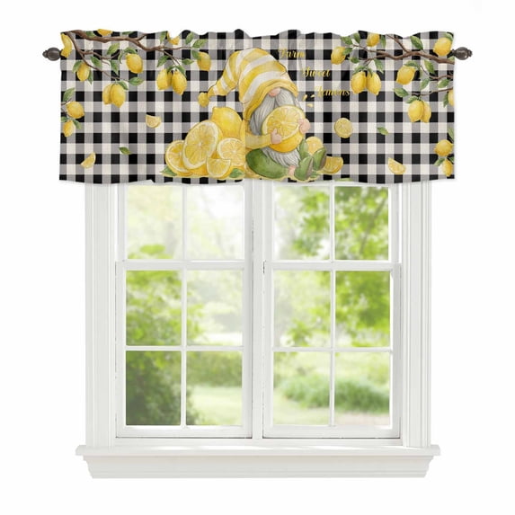 Summer Gnome Lemon Window Valance for Kitchen, Country Farm Yellow Lemon Tree Leaf Black Plaid Rod Pocket Short Curtain for Small Windows, Light Filtering Decorative Valance, 54 x 18 Inch, 1 Panel