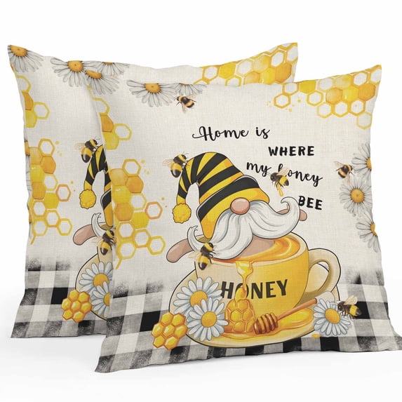 Summer Gnome Outdoor Waterproof Pillow Covers 24x24 Pack of 2 Bee Daisy Honeycomb Honey Linen Plaid Decorative Outdoor Pillow Covers Square Cushion Cases for Patio Furniture Pergola Couch