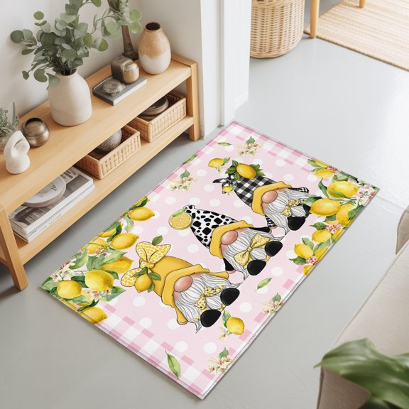 Summer Gnome Pink Buffalo Check Rectangle Area Rug 2x3ft,Living Room Rug Non-Slip Washable Circle Rugs Pad,Rustic Lemon Flower Leaf Soft Floor Carpet for Bedroom Dining Room