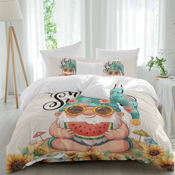 Summer Gnome Queen Size Comforter Set, Watermelon Tropical Sunflower Leaf Linen Texture Bedding for All Seasons, 4 Pcs Bed Set, 1Quiltcover (90"x92") ,1Sheet(94"x116"), 2Pillowcases (30"x20")