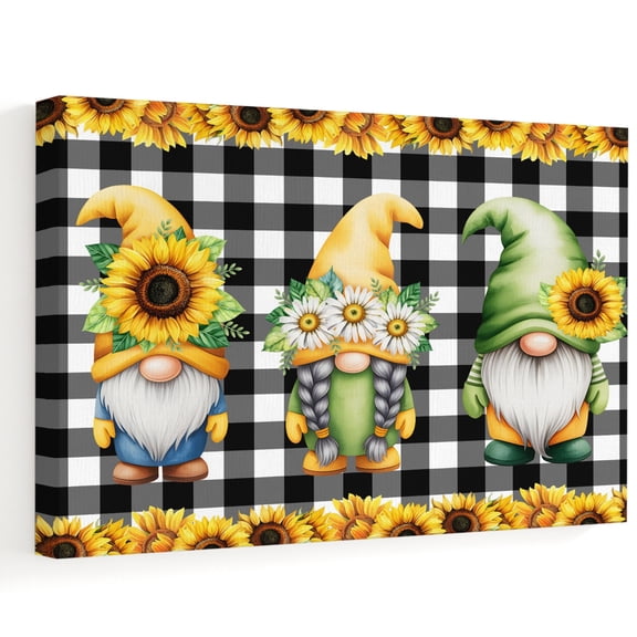 Summer Gnome Sunflower Canvas Wall Art 10" x 8" Country Farm Yellow Flower Leaf Black Plaid Frame Picture Prints, Ready to Hang Waterproof Artwork Decor for Bathroom, Kitchen Small Wall Spaces