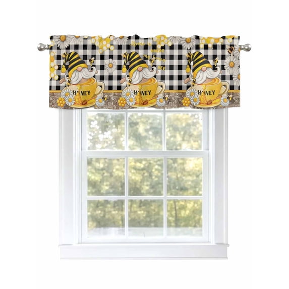 Summer Gnome Valances for Windows Bee Daisy Honeycomb Honey Black Plaid Rod Pocket Curtains Valance Short Window Treatment Drapes for Living Room, Bedroom Bathroom 56" W x 16" L