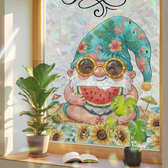 Summer Gnome Window Privacy Film, Watermelon Tropical Sunflower Leaf Linen Texture Stained Glass Rainbow Film Decorative Window Clings, Static Cling Sun Blocking Stickers 17.7" x 39.3"
