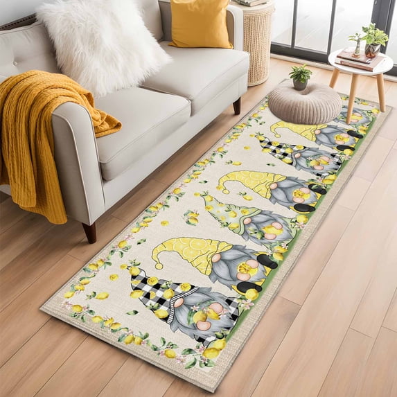 Summer Gnomes 2'x6' Runner Rugs for Hallway Kitchen Bedside Non Slip Washable, Yellow Lemons Farmhouse Fruits Burlap Entryway Rug Runners with Rubber Backing, Long Carpet Runner for Laundry Room