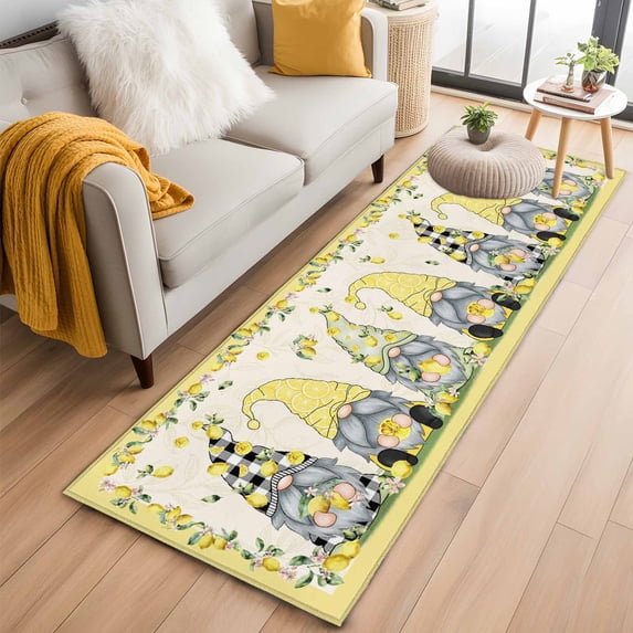 Summer Gnomes 2'x6' Runner Rugs for Hallway Kitchen Bedside Non Slip Washable, Yellow Lemons Farmhouse Watercolor Entryway Rug Runners with Rubber Backing, Long Carpet Runner for Laundry Room