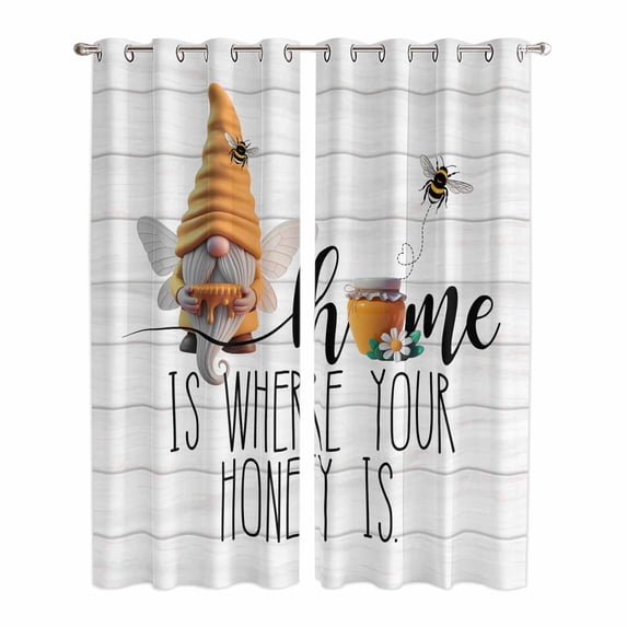 Summer Gnomes Bees Kitchen Curtains Window Panels, Farmhouse Chic Honey Wooden Grain Insulated Window Treatment Curtain, Grommet Curtains for Bedroom/Living Room/Bathroom, 2 Piece 42"Wx84"L