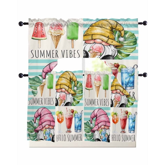 Summer Gnomes Kitchen Curtains Swag Valance and Tier Curtains Set 36 Inch Length, Palm Leaves Ice Cream Splicing Rod Pocket Drape Panels Pair Swag Curtain for Bathroom/Cafe/Window