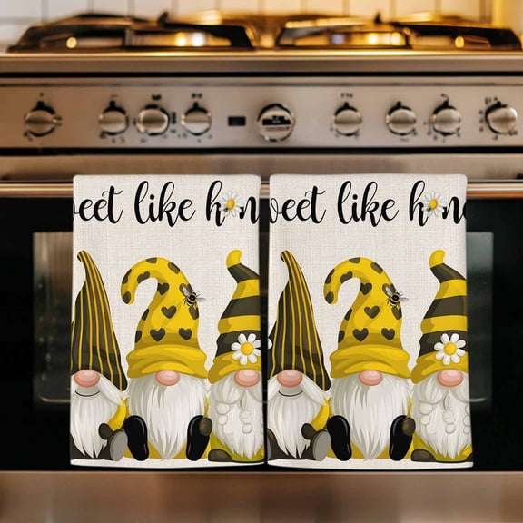 Summer Gnomes Kitchen Towels Set of 4, Farmhouse Daisy Flower Bees on Linen Absorbent Dish Towels for Kitchen, Microfiber Hand Towel, Quick Drying Tea Towel for Cleaning Decorative Dishcloths