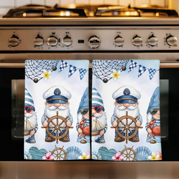 Summer Gnomes Nautical Kitchen Towels Set of 2, Blue Coastal Blue Ombre Absorbent Dish Towels for Kitchen, Microfiber Hand Towel, Quick Drying Tea Towel for Cleaning Decorative Dishcloths