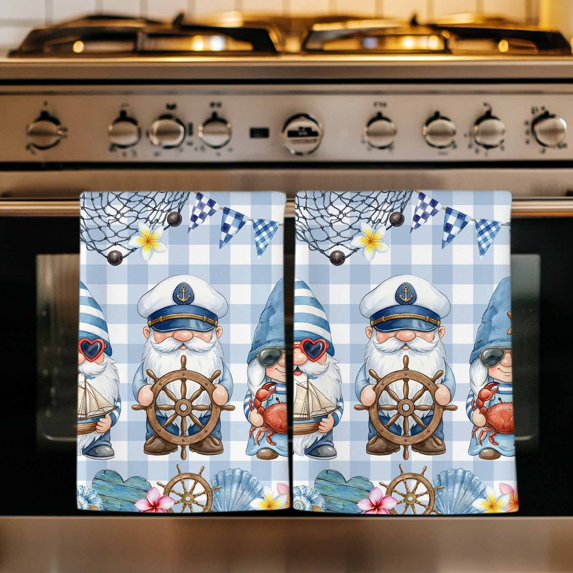 Summer Gnomes Nautical Kitchen Towels Set of 2, Blue Coastal Buffalo Plaid Absorbent Dish Towels for Kitchen, Microfiber Hand Towel, Quick Drying Tea Towel for Cleaning Decorative Dishcloths