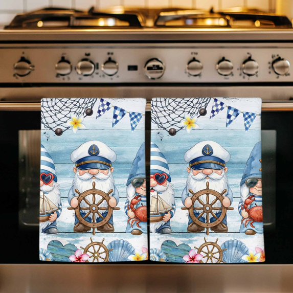 Summer Gnomes Nautical Kitchen Towels Set of 3, Blue Coastal Vintage Wooden Absorbent Dish Towels for Kitchen, Microfiber Hand Towel, Quick Drying Tea Towel for Cleaning Decorative Dishcloths