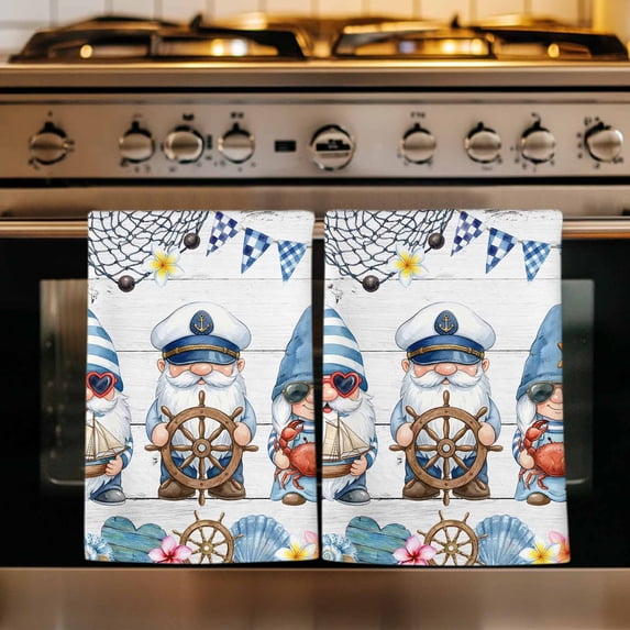 Summer Gnomes Nautical Kitchen Towels Set of 4, Blue Coastal Grey Wooden Absorbent Dish Towels for Kitchen, Microfiber Hand Towel, Quick Drying Tea Towel for Cleaning Decorative Dishcloths