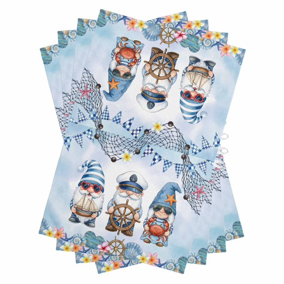 Summer Gnomes Nautical Kitchen Towels Set of 4, Water Absorbent Dish Towel, Blue Coastal Blue Ombre Decorative Hand Towels - Quick Drying Cloth for Cooking Baking, 18x28 Inch