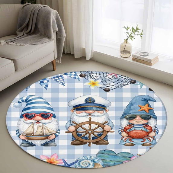 Summer Gnomes Nautical Round Area Rug 4Ft Washable Circle Rugs for Bedroom Dining Room, Blue Coastal Buffalo Plaid Non-Slip Carpet Floor Mats Indoor Outdoor Carpet Runner Aesthetic Home Decor