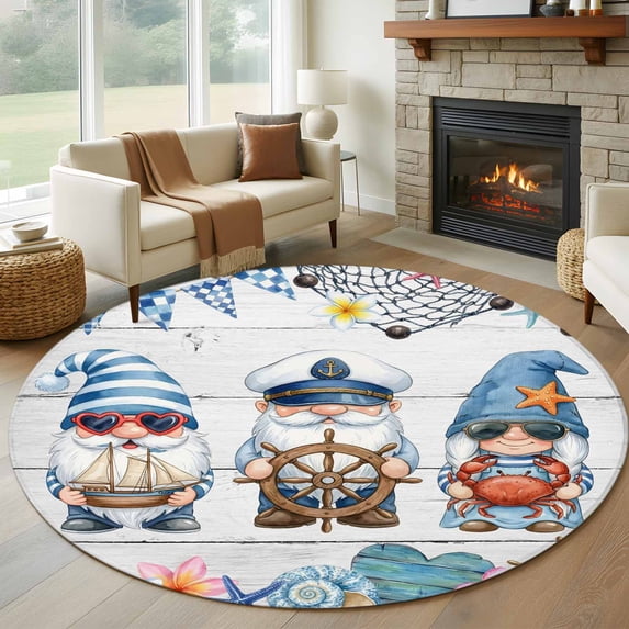 Summer Gnomes Nautical Round Area Rug 7Ft Washable Circle Rugs for Dorm Laundry Room, Blue Coastal Grey Wooden Non-Slip Carpet Floor Mats Indoor Outdoor Carpet Runner Aesthetic Home Decor