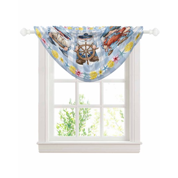 Summer Gnomes Nautical Sheer Waterfall Valance Curtains for Window, Blue Floral Starfish Checkered Rod Pocket Sheer Topper Swag Curtains for Living Room, Kitchen 38.5"W x 47.2"L, 1 Panel