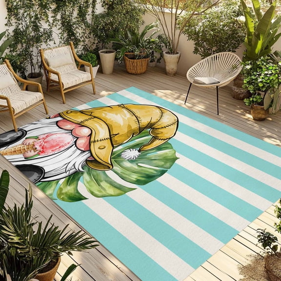 Summer Gnomes Outdoor Rug 5x7 Ft - Reversible Patio Rug Outdoor Camping Rugs, Aqua Stripes Tropical Leaves Washable Indoor Outdoor Area Rugs, Non-Slip Outdoor Carpet Runner for Deck/Porch