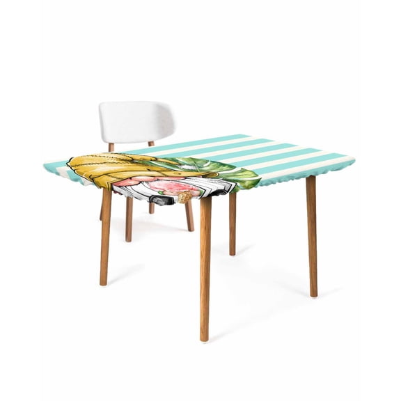 Summer Gnomes Rectangle Tablecloth, Waterproof Elastic Fitted Table Covers for 3 Foot Tables, 24x36inch Decorative Tablecloths for Picnic, Camping, Indoor, Outdoor, Aqua Stripes Tropical Leaves