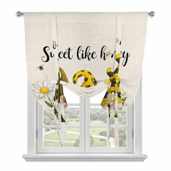 Summer Gnomes Tie Up Curtains for Windows, Adjustable Balloon Window Shades, Farmhouse Daisy Flower Bees on Linen Kitchen Window Treatments Farmhouse Short Curtains with Rod Pocket 42"x45"