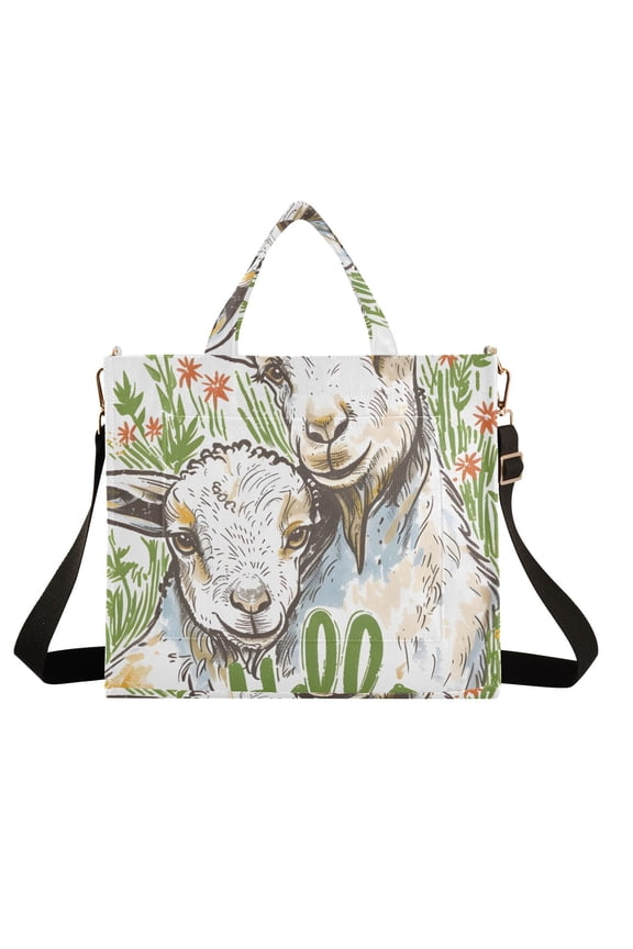 Summer Goats Sheeps Corduroy Tote Bag Handbag Large Messenger Bag Shoulder Crossbody Zipper Bag Purse
