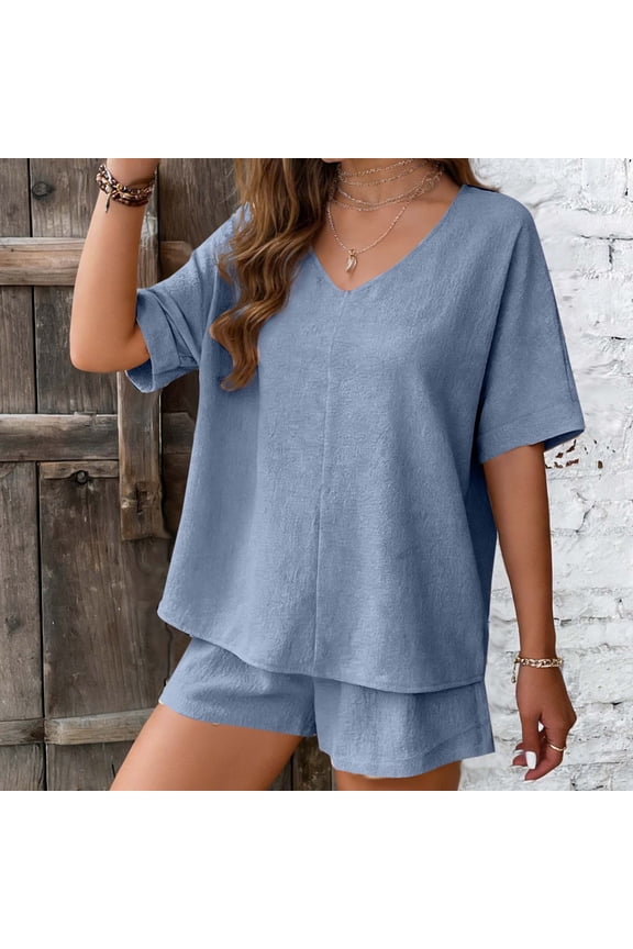 Summer Going out Outfits for Women Women Fashion Solid Color Loose Short Sleeve V-Neck Trouser Shorts Pants Sets Blue L