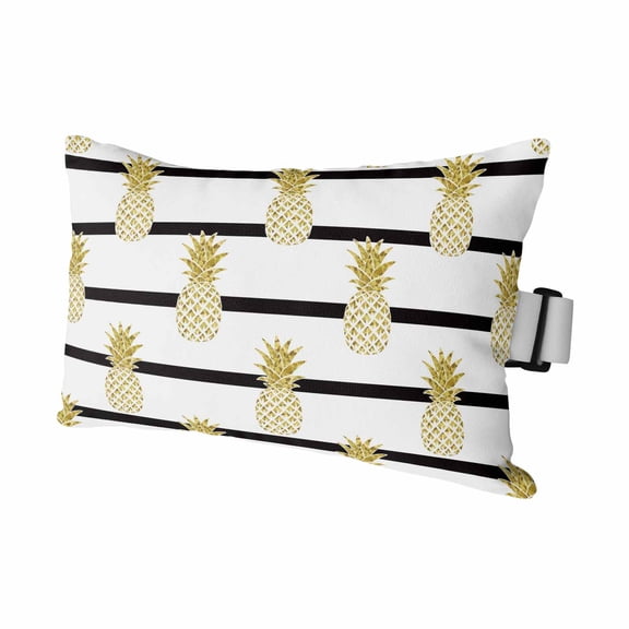 Summer Gold Pineapple Black White Stripes Outdoor Pillow for Chaise Lounge Chair,Tropical Fruit Seamless Waterproof Headrest Lumbar Pillows with Insert&Elastic Strap for Patio Pool Garden,1 Pack