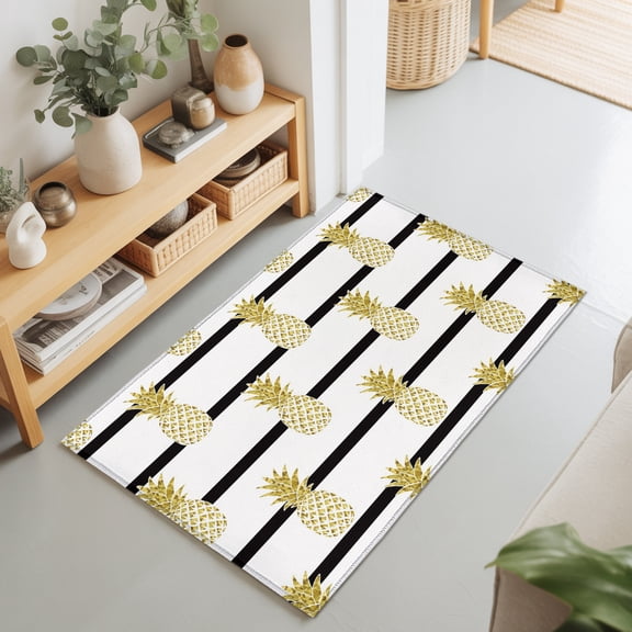 Summer Gold Pineapple Black White Stripes Rectangle Area Rug 2x3ft,Living Room Rug Non-Slip Washable Circle Rugs Pad,Tropical Fruit Seamless Soft Floor Carpet for Bedroom Dining Room